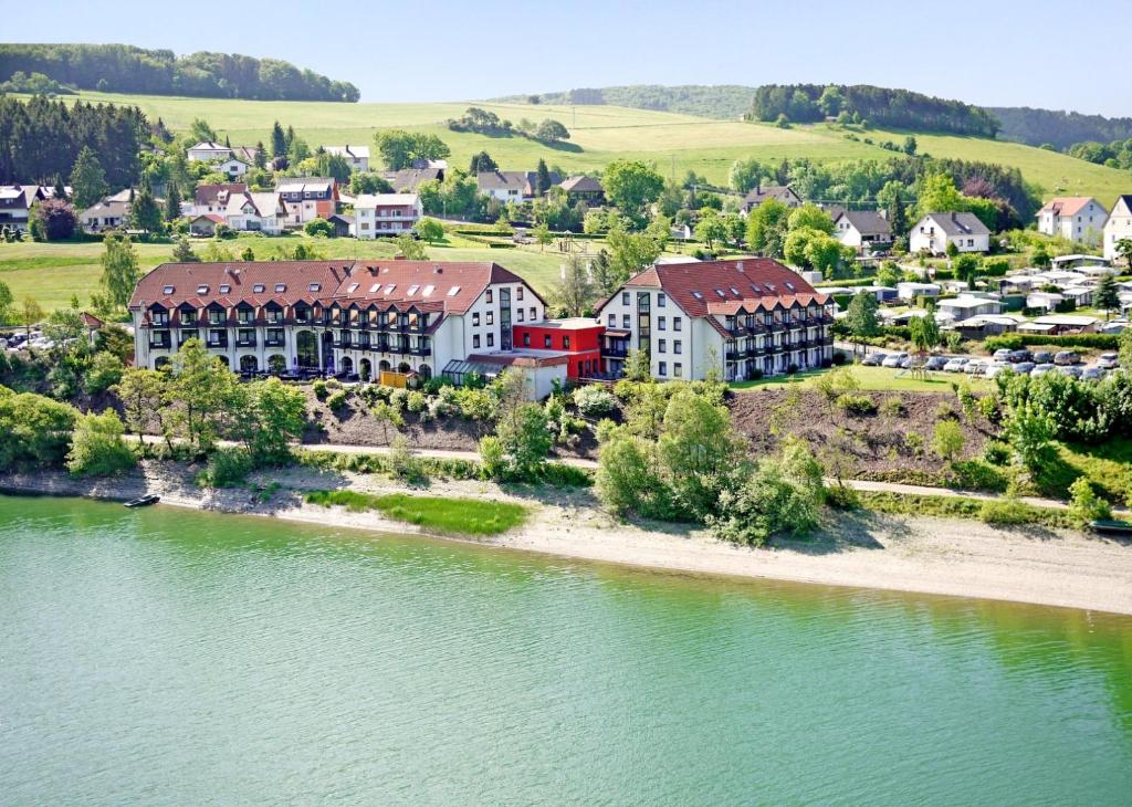 Diemelsee迪美尔西戈贝尔酒店的水体旁的度假胜地的空中景观
