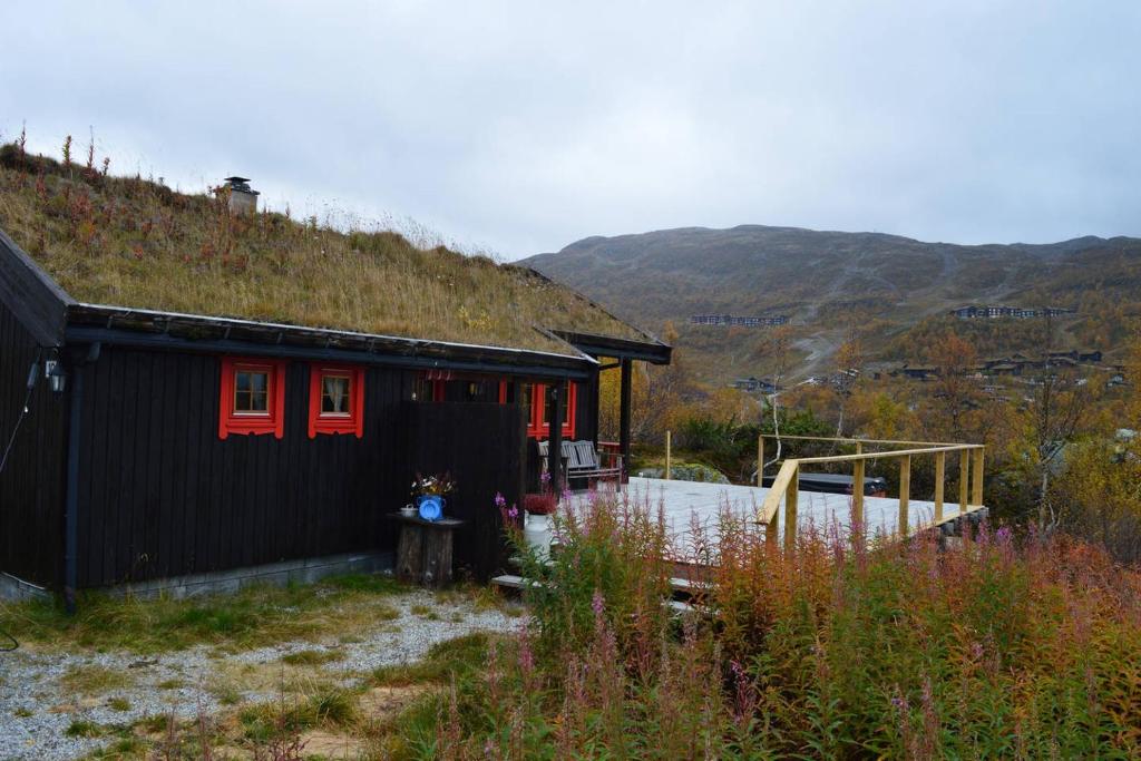 VågsliHaukeli Mountain Cabin的一座黑色的房子,设有红色的窗户和山丘