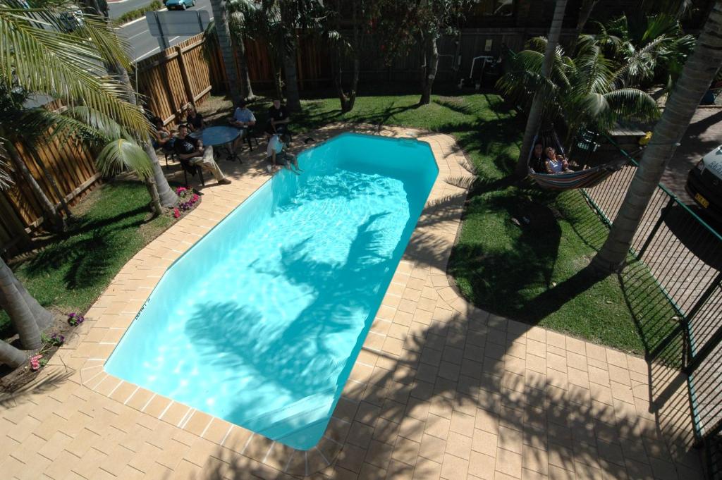 麦夸里港麦夸里港背包客旅馆的享有庭院游泳池的顶部景色