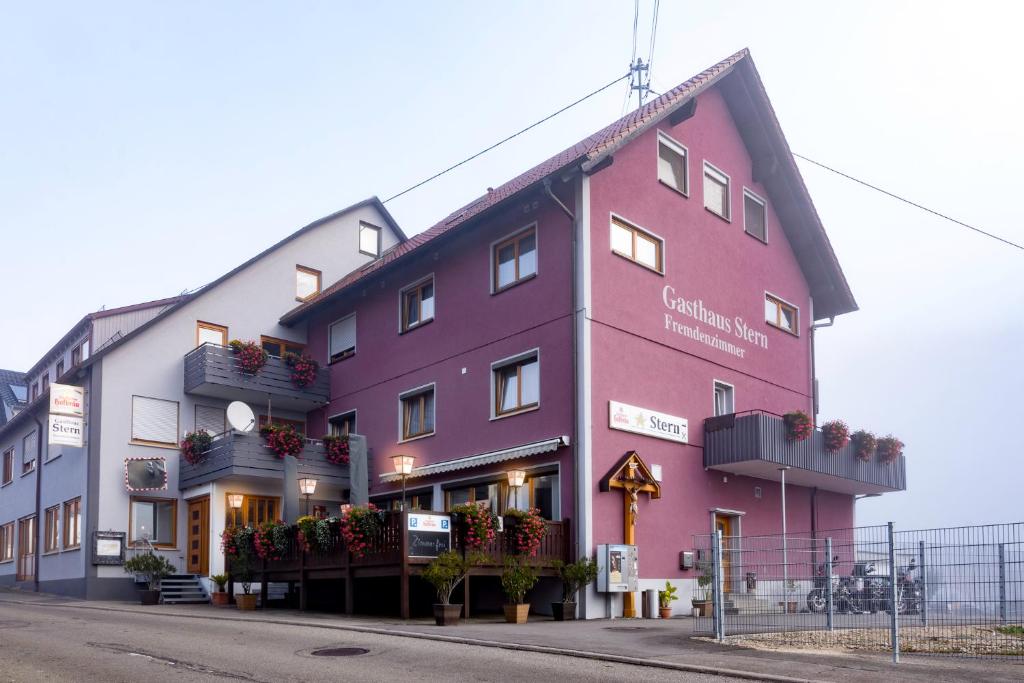 NusplingenHotel Gasthof Stern的街道边的粉红色建筑