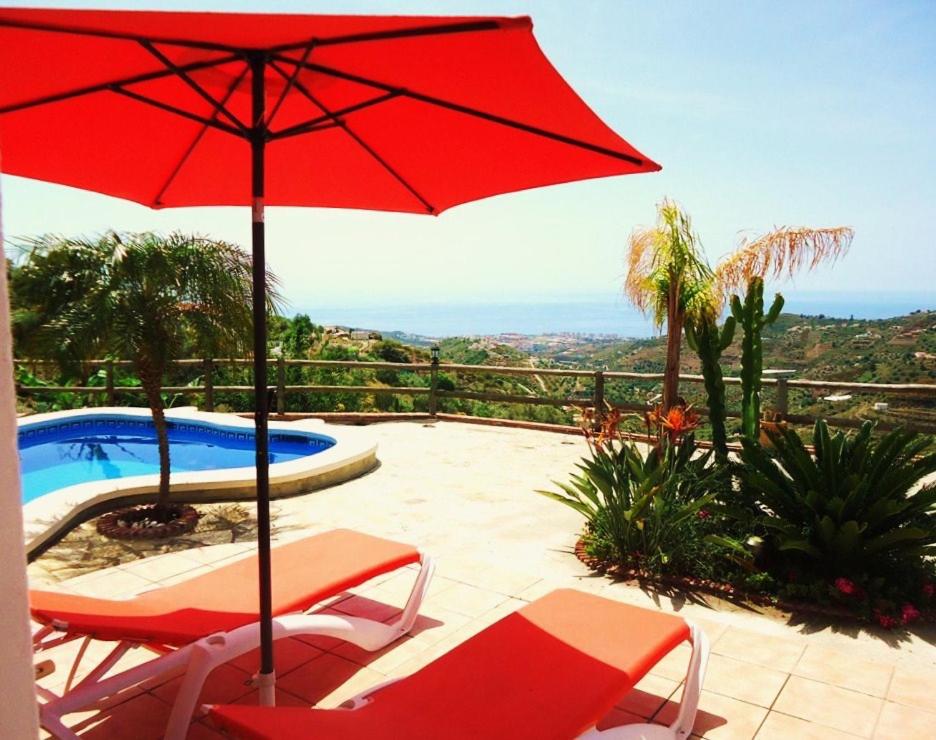 托罗克斯Peperent Villa Buenavista的一个带红色遮阳伞和椅子的庭院和一个游泳池