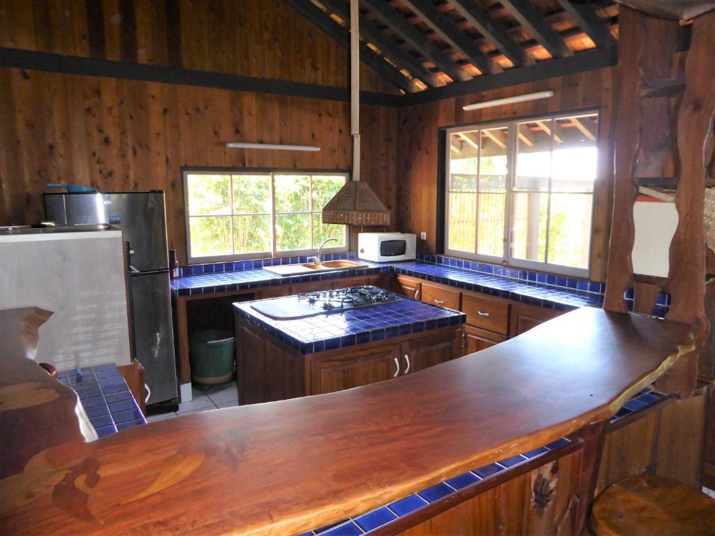 帕佩托艾Comfortable Maison的厨房配有木制橱柜和木制台面