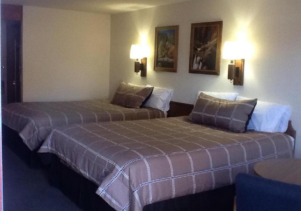 WeiserState Street Motel的两张位于酒店客房的床,墙上有灯