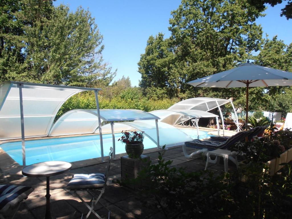 Plan dʼAupsJAS en Provence的游泳池旁设有椅子和遮阳伞