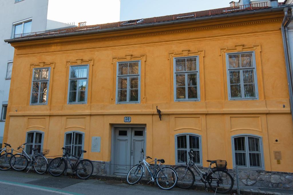格拉茨Appartements in Graz beim LKH的停在大楼前的一群自行车