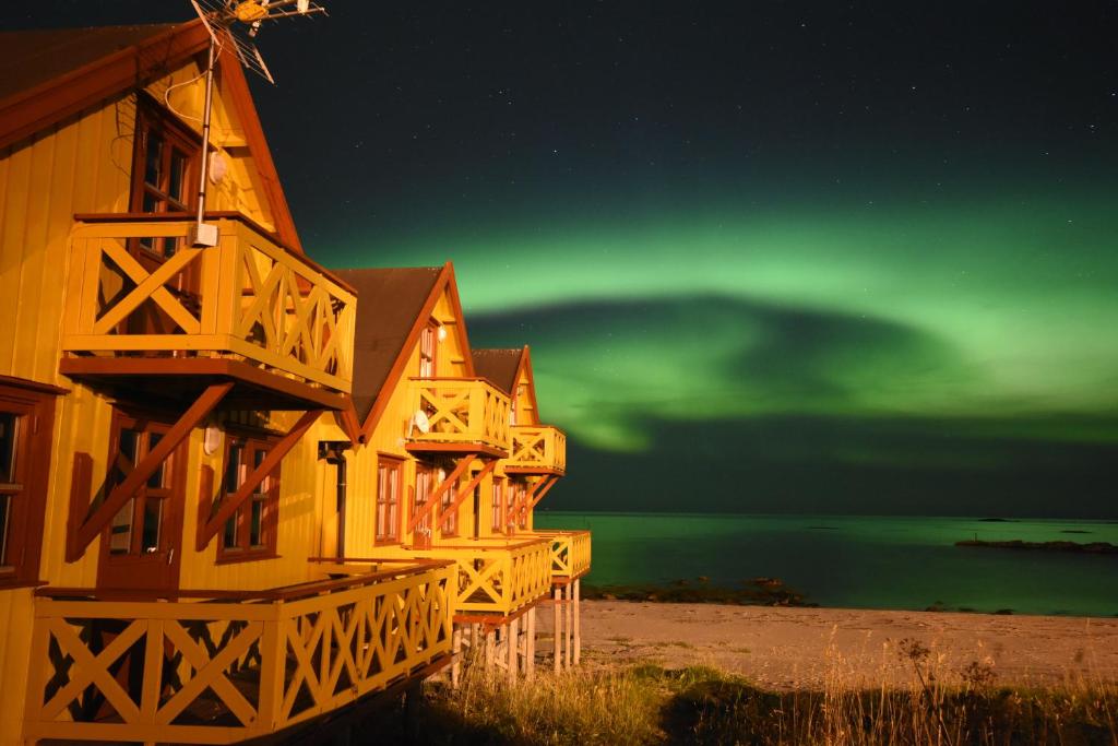 BleikBleik Sea Cabins的一群在绿色的北极光下的房子
