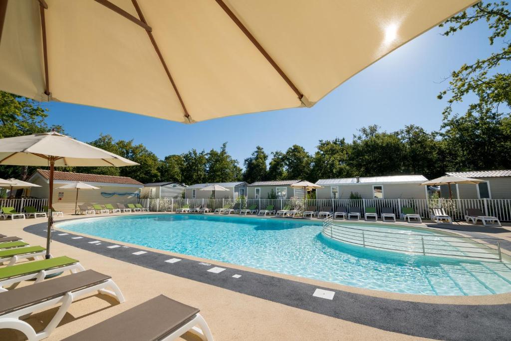 鲁瓦扬金银花露营酒店的一个带椅子和遮阳伞的度假村游泳池