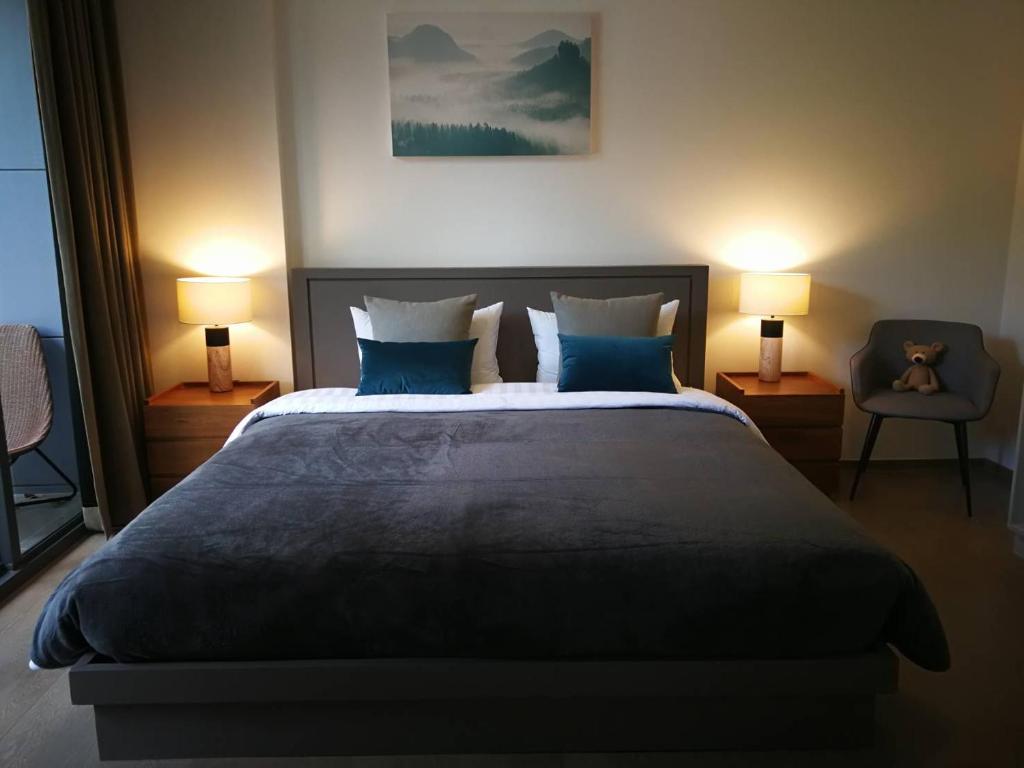 Ban Huai Sok NoiThe Valley Khao Yai-2 Bed Room的一间卧室配有一张带蓝色枕头的大床和两盏灯。