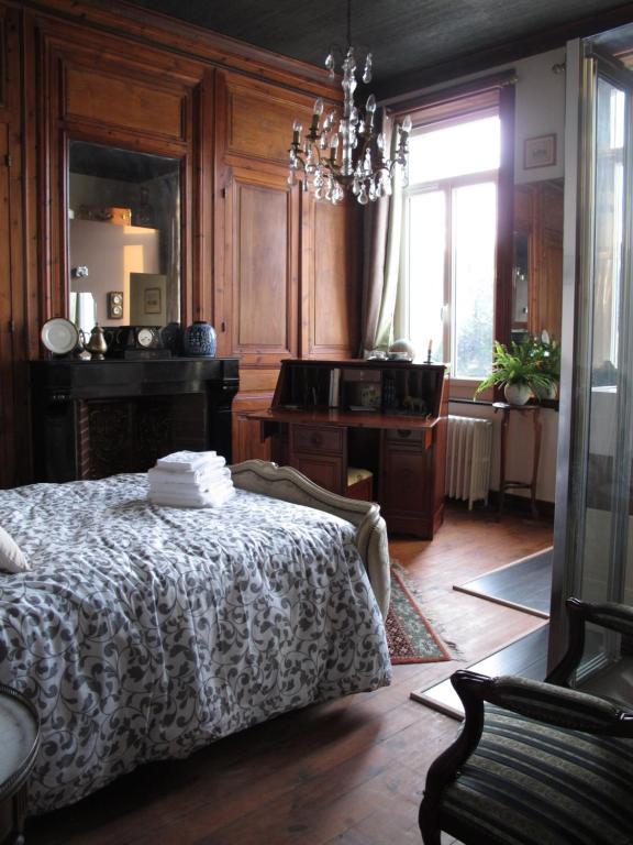 里尔勃艮第别墅的一间卧室配有一张床和一个吊灯