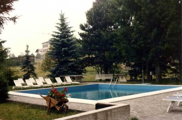 巴塞尔加·迪·皮纳杜皮尼酒店的庭院内一个带椅子和鲜花的游泳池