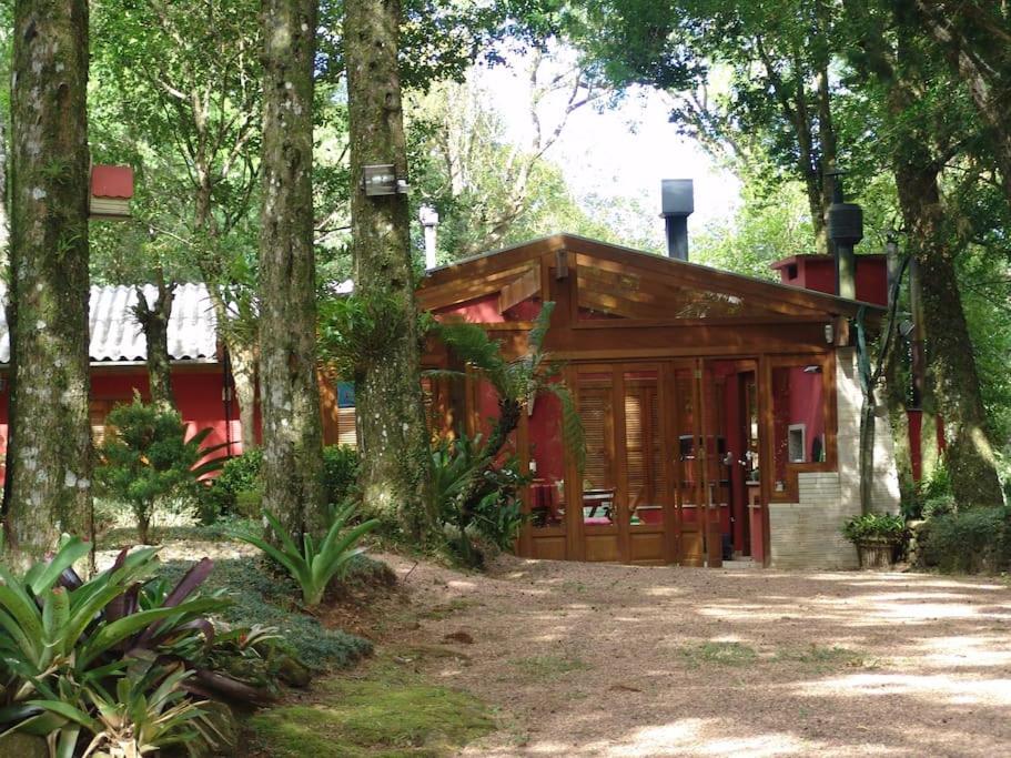 圣弗朗西斯科-迪保拉Refúgio da natureza的树林里的一个红色小屋