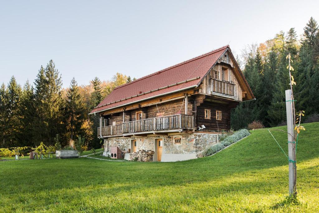 洛伊查赫Landhaus Moser的绿色田野上的大型木屋