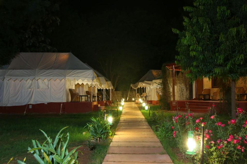 KhilchīpurJungle View Resort Ranthambhore的夜晚一排带灯的帐篷