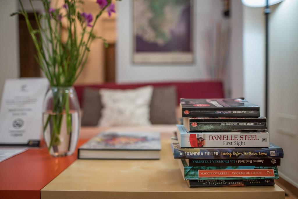 隆达莫拉莱斯酒店的一堆书,坐在桌子上,带花瓶