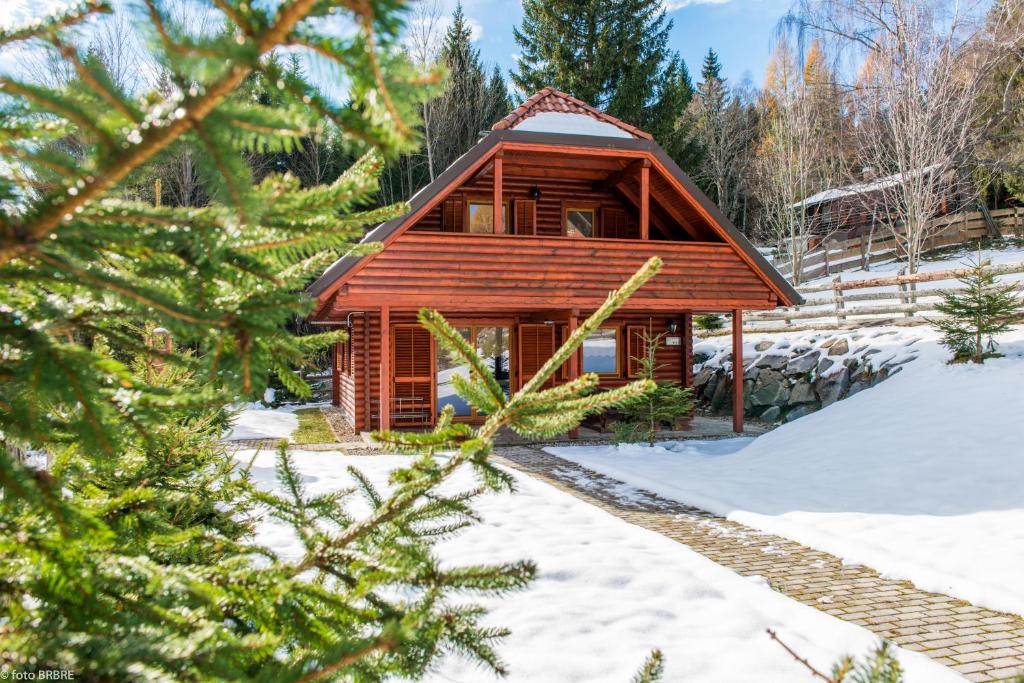 Planina pod SumnikomKoča na Planini的雪地里的小木屋,有树