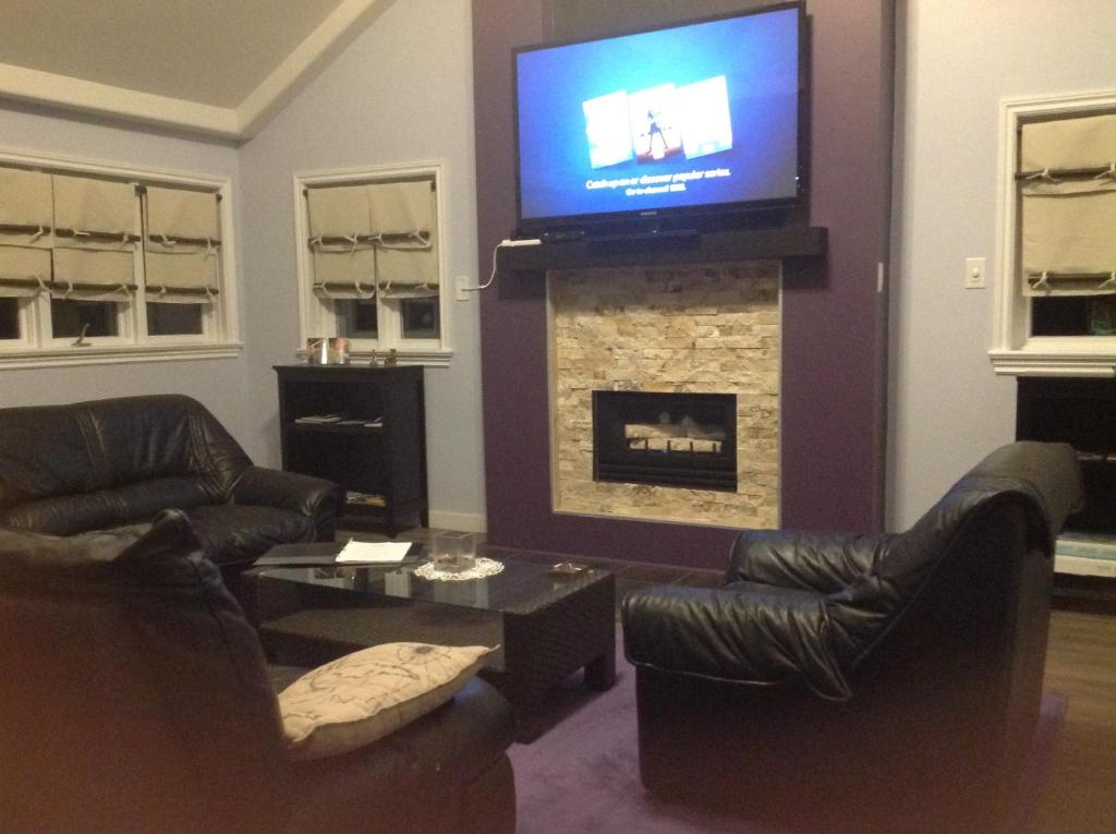 渥太华松树景别墅的带沙发的客厅以及带电视的壁炉