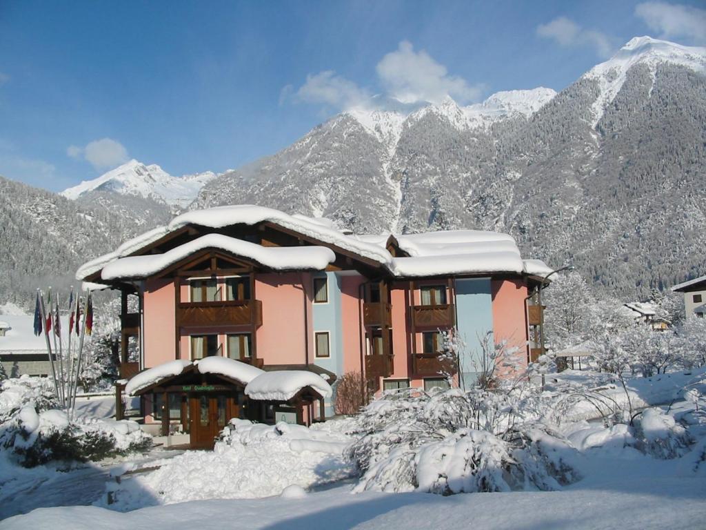 平佐洛Hotel Quadrifoglio的山地雪覆盖的房子