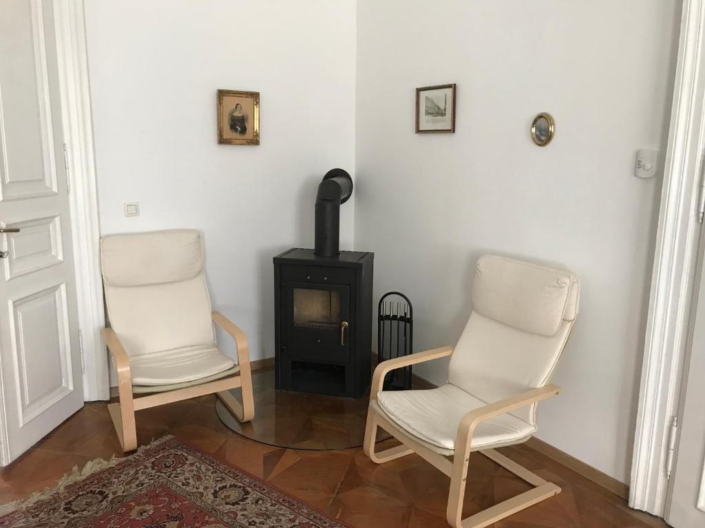 维也纳一楼88平方米公寓的带炉灶的客房内的2把白色椅子