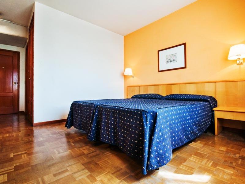 瓜达拉哈拉Hotel Alcarria的一间卧室配有一张带蓝色棉被的床