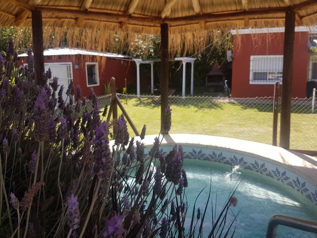 查斯科穆斯las moraditas的一座带紫色花的庭院内的热水浴缸