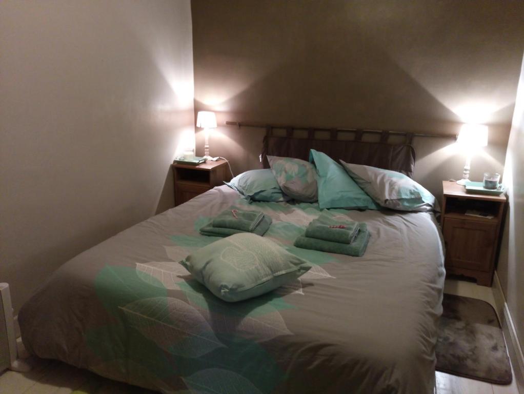 西埃勒河畔科尔德Lougat la maison des chats的一间卧室配有带枕头的床