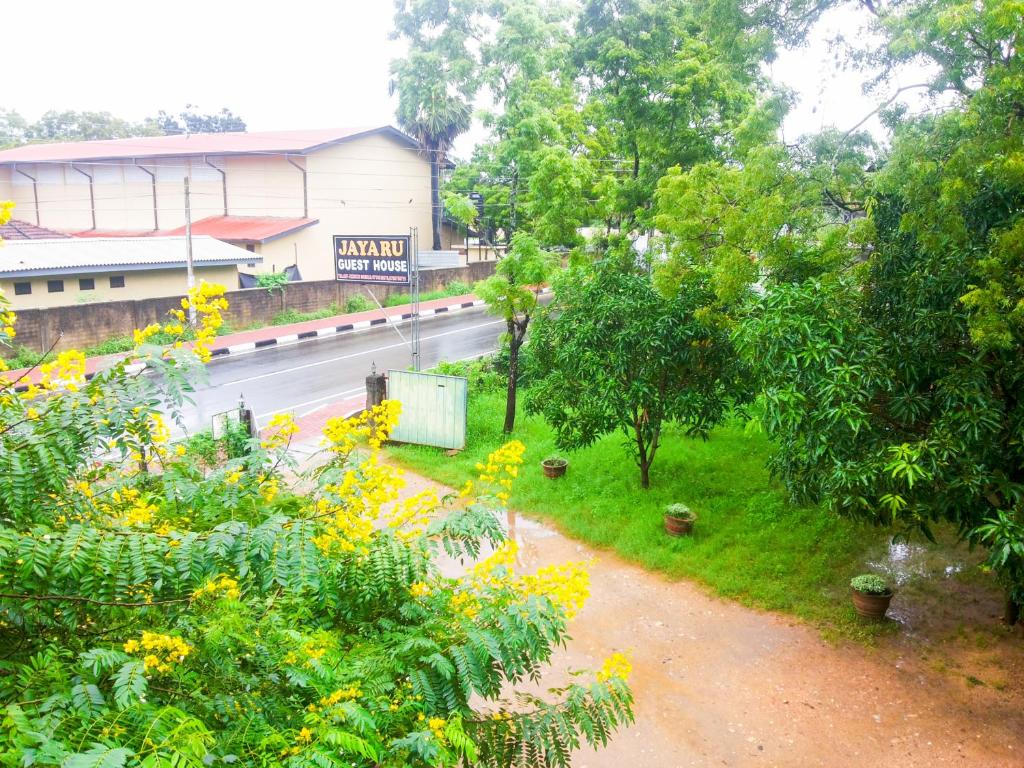 波隆纳鲁沃Jayaru Guest House的享有树木和黄色鲜花的街道景色