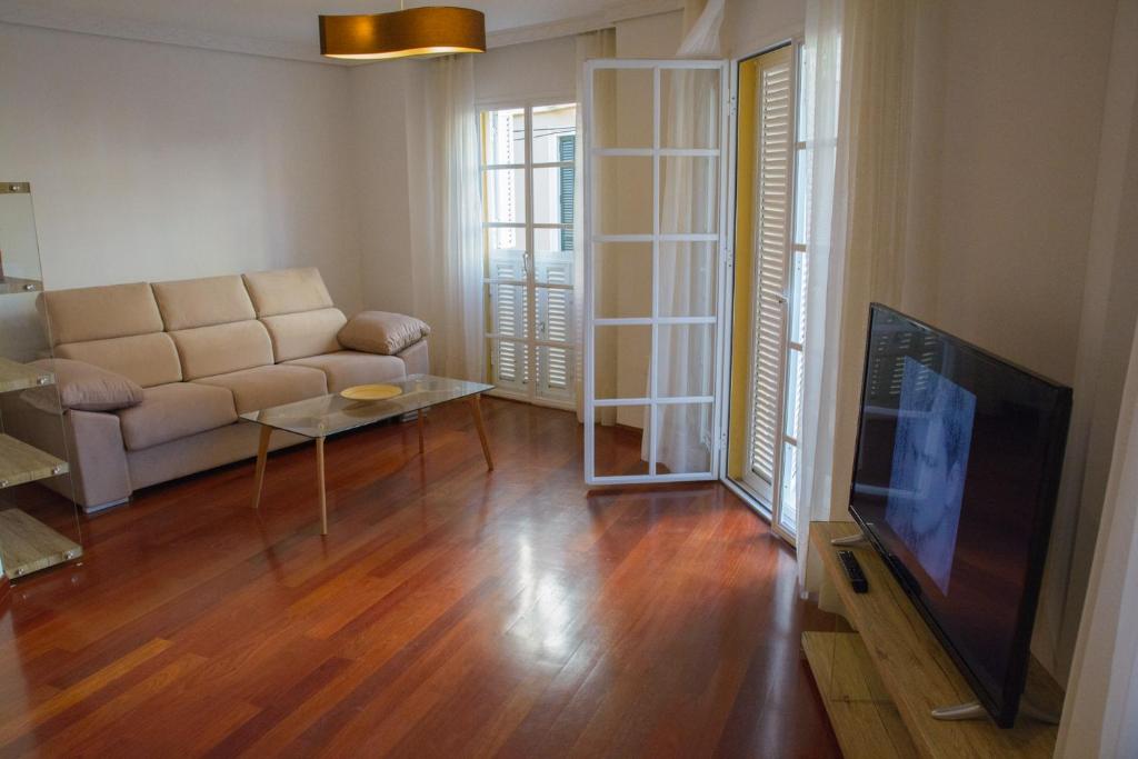 马拉加APT GIBRALHORCE SUITE by Malaga Picasso Rentals Selection的带沙发和平面电视的客厅