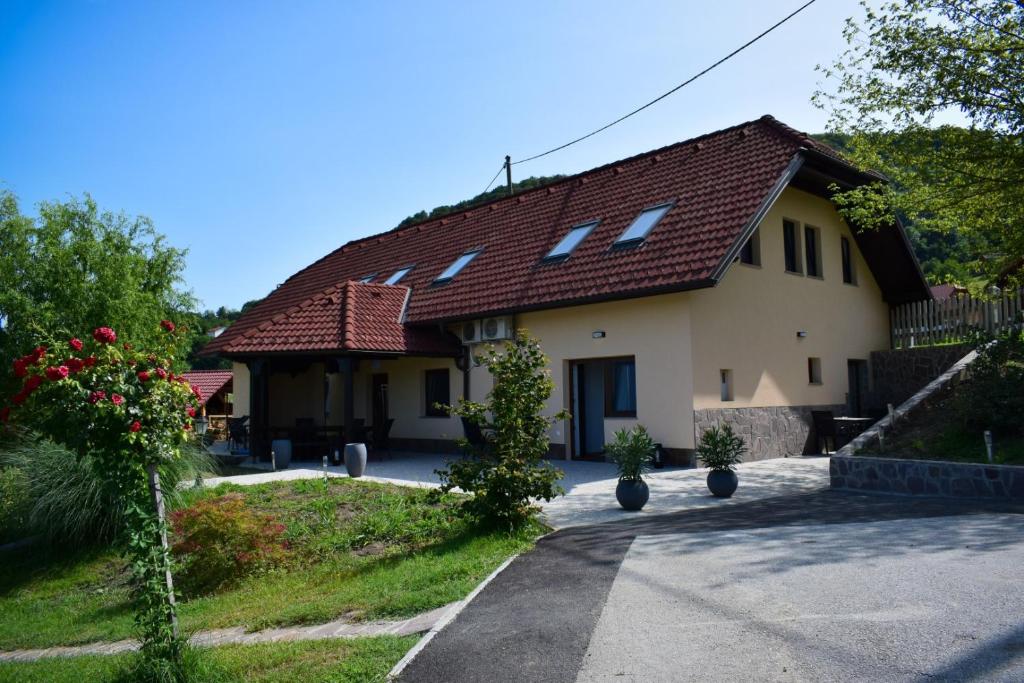 布雷日采Farm Stay Zevnik的一座有红色屋顶和车道的房子