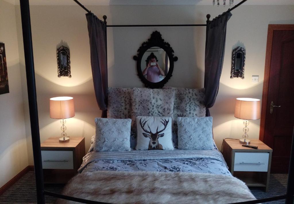 弗福尔One Strathview B&B的一间卧室配有一张带两盏灯的天蓬床。