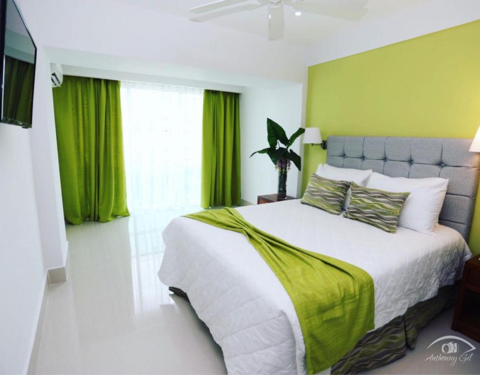 圣塔芭芭拉-山美纳Nilka Hotel Boutique的一间卧室设有一张带绿色墙壁的大床