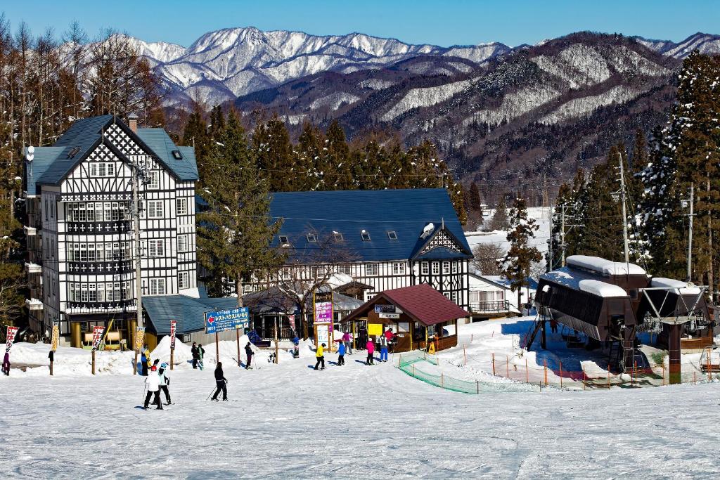 白马村白马太阳谷酒店的一群人站在滑雪胜地前的雪地里
