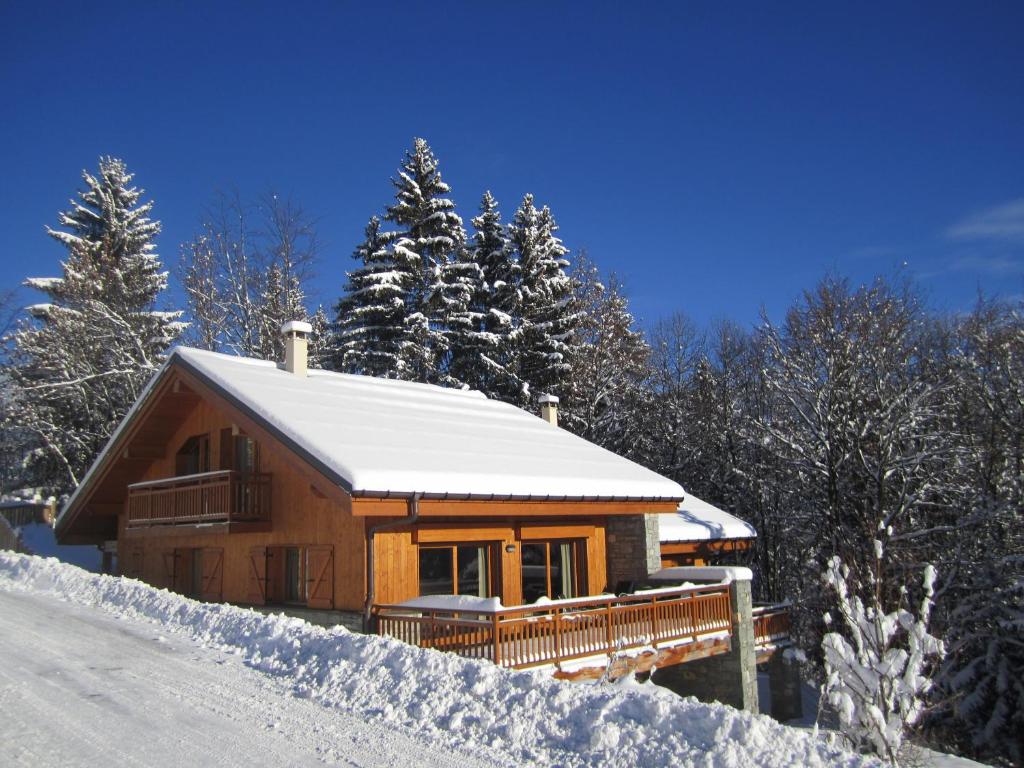 莱斯奥琉斯Chalet Les Jumelles的雪地里的小木屋,有雪覆盖的树木