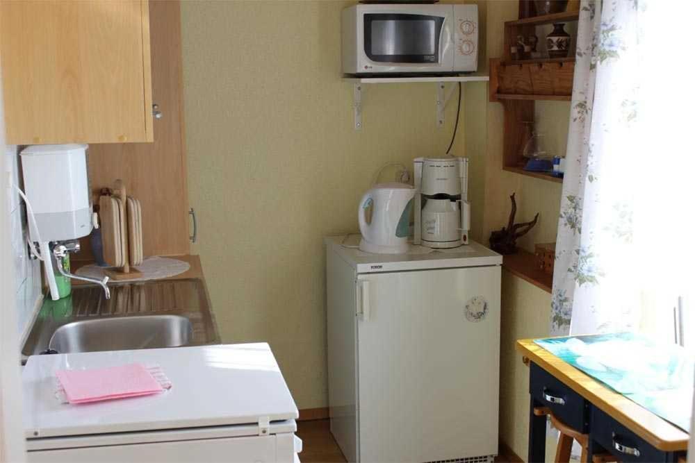 KummerowFerienhaus Kummerow SCHW 731的小厨房配有冰箱上方的微波炉