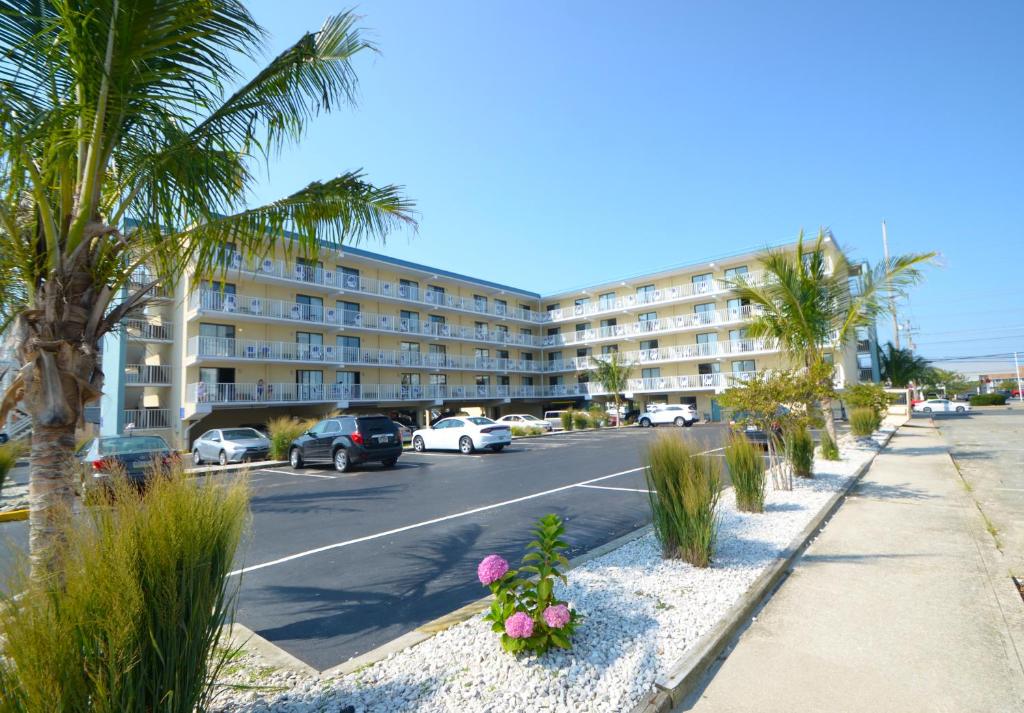 大洋城海岸棕榈树客栈及套房酒店的棕榈树停车场和大楼