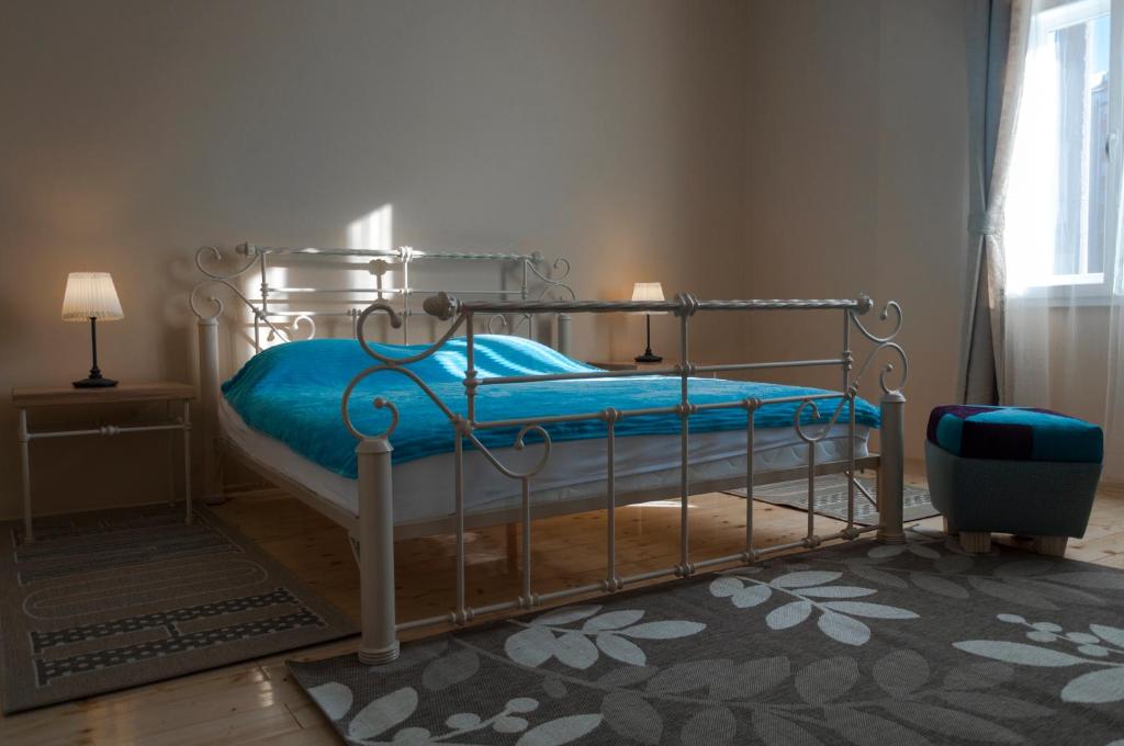 尼什Apartment By the River的一间卧室配有一张带蓝色床单的床和一扇窗户。