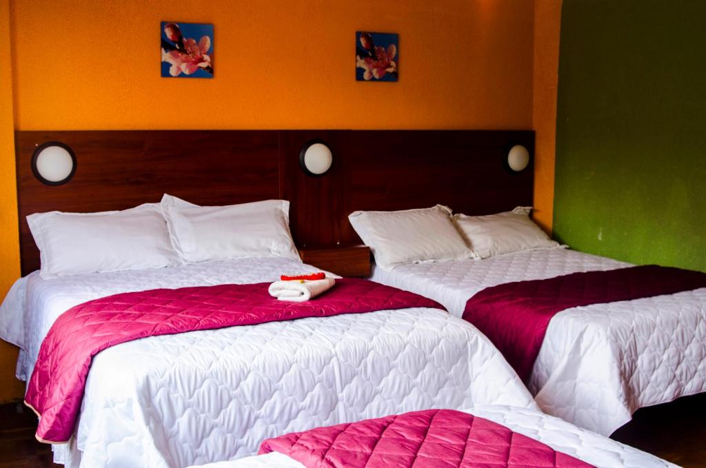基多La Estación Hostal的两张位于酒店客房的床,拥有红色和绿色的墙壁