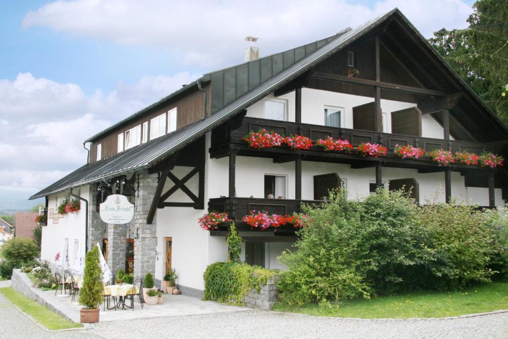 Riedlhütte弗里德尔酒店的白色的黑色建筑,花红