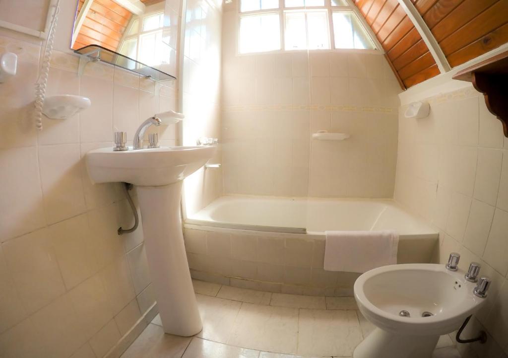 圣马丁德洛斯Apart Hotel Ensueño的浴室配有盥洗盆、卫生间和浴缸。