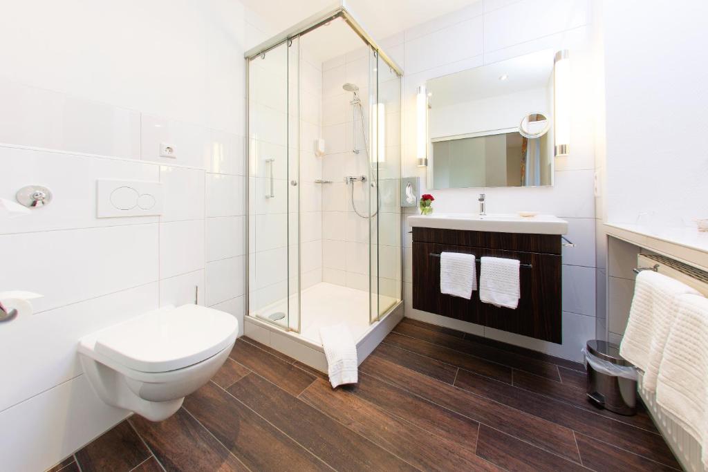宾岑Ochsen Hotel & Restaurant Binzen / Basel的白色的浴室设有卫生间和淋浴。