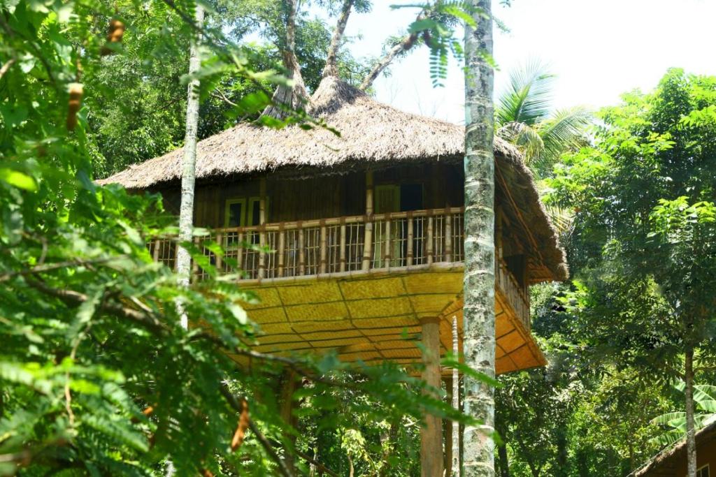 ChegātKalidasa Tree House and Villa, Wayanad的树上草屋顶的黄色建筑