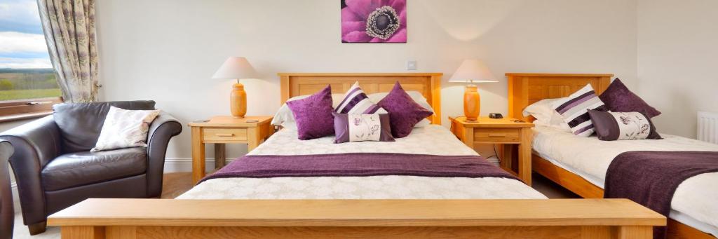 爱丁堡Peggyslea Farm B&B的一间卧室设有两张床、一把椅子和一个窗户。