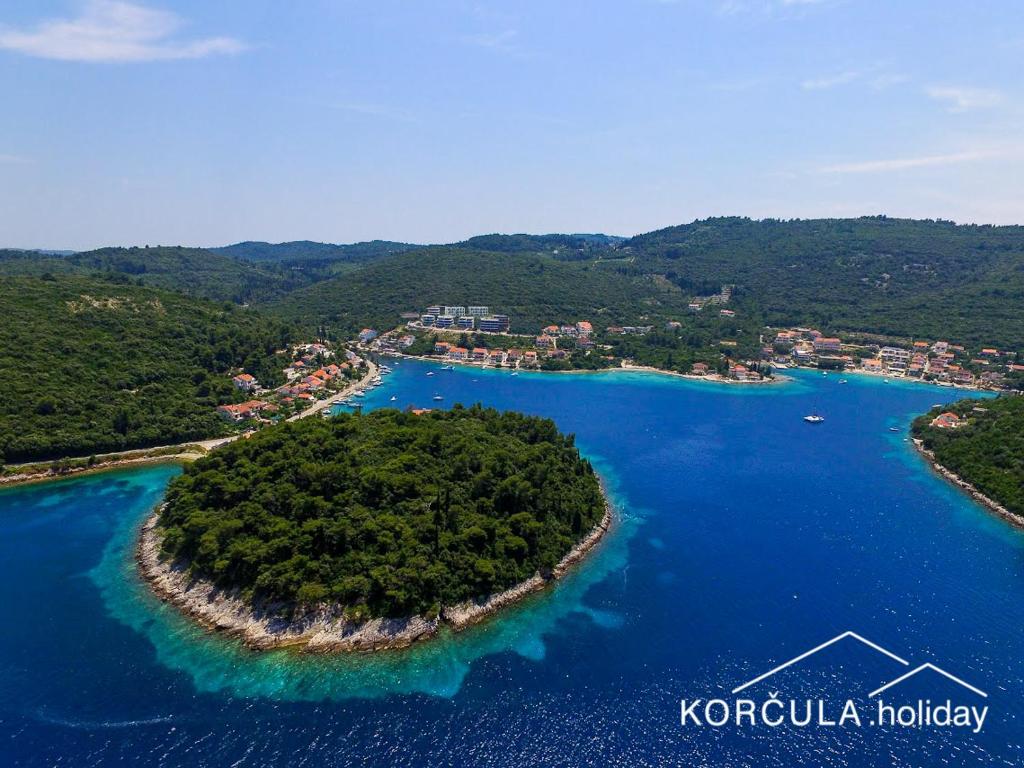 科尔丘拉Korcula Holiday的水体中间的一个岛屿