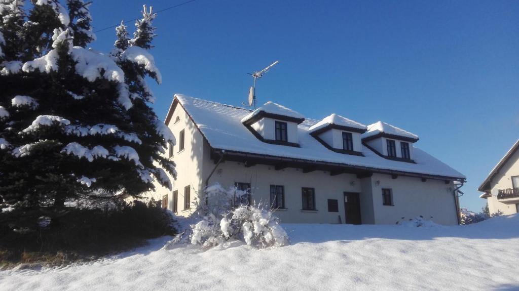 伊莱姆尼采Restaurace a penzion Jilm的屋顶上白雪的房子