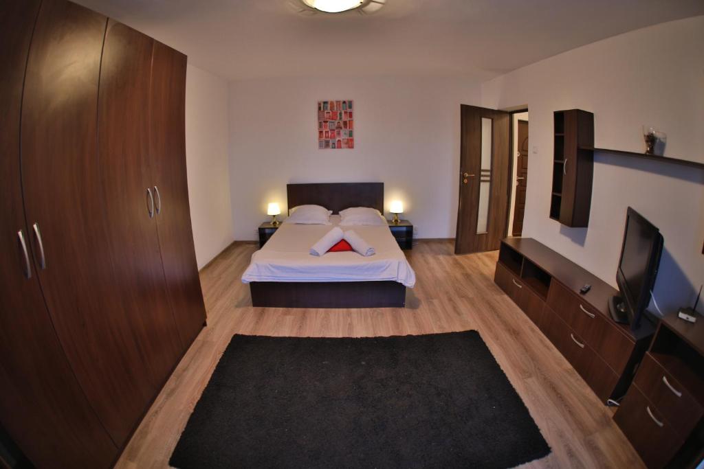布加勒斯特Dream Residence 49的一间卧室配有一张床和一台平面电视