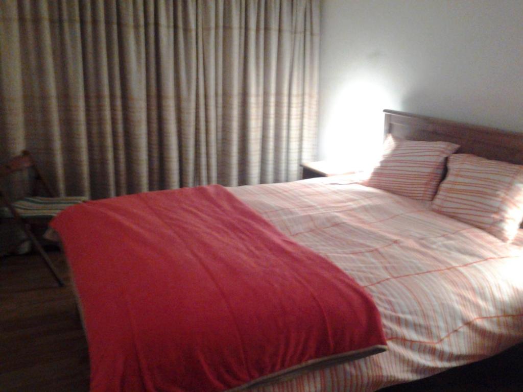 波尔图可沃洛公寓的一间卧室配有一张床铺,床上铺有红色毯子