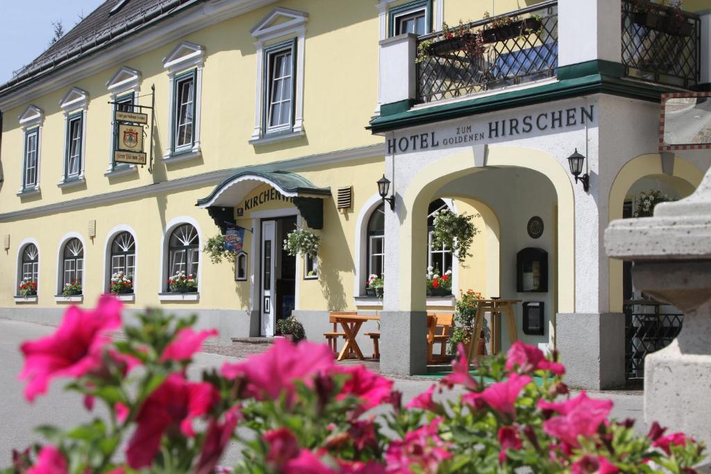 伊布斯河畔格施特灵Hotel zum goldenen Hirschen的前面有粉红色花的建筑