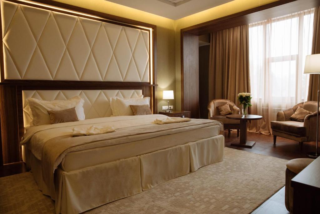 阿拉木图花园公园酒店的一间带大床的卧室和一间客厅