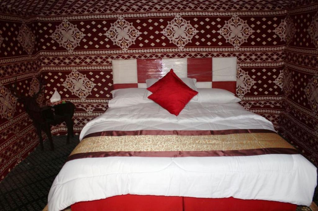 瓦迪拉姆Wadi Rum Quiet Village Camp的一间卧室配有一张带红色枕头的大床