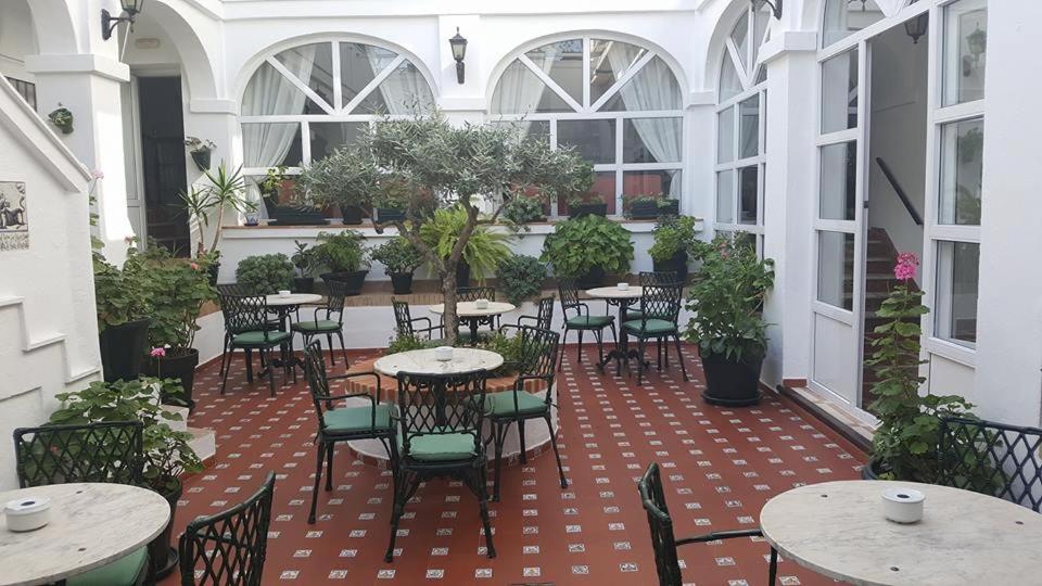 阿尔科斯-德拉弗龙特拉洛斯奥利弗斯酒店的户外庭院设有桌椅和植物