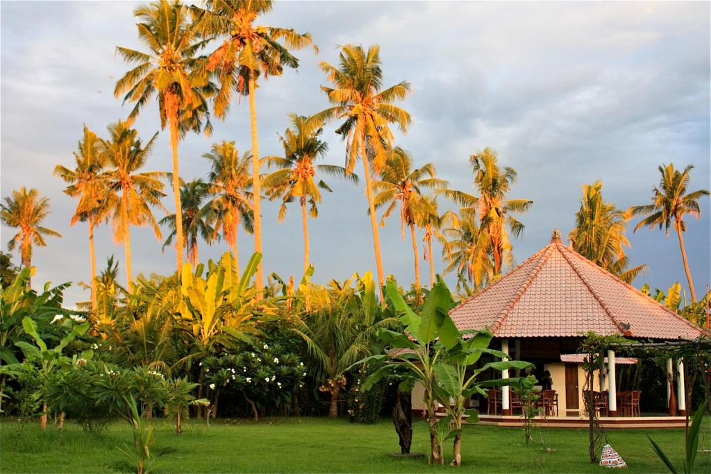 佩母德兰巴厘岛欧亚瑟度假酒店的棕榈树和建筑度假村